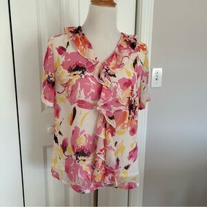 Appleseeds women’s blouse PM floral ruffle vacation spring cruise shortsleeved